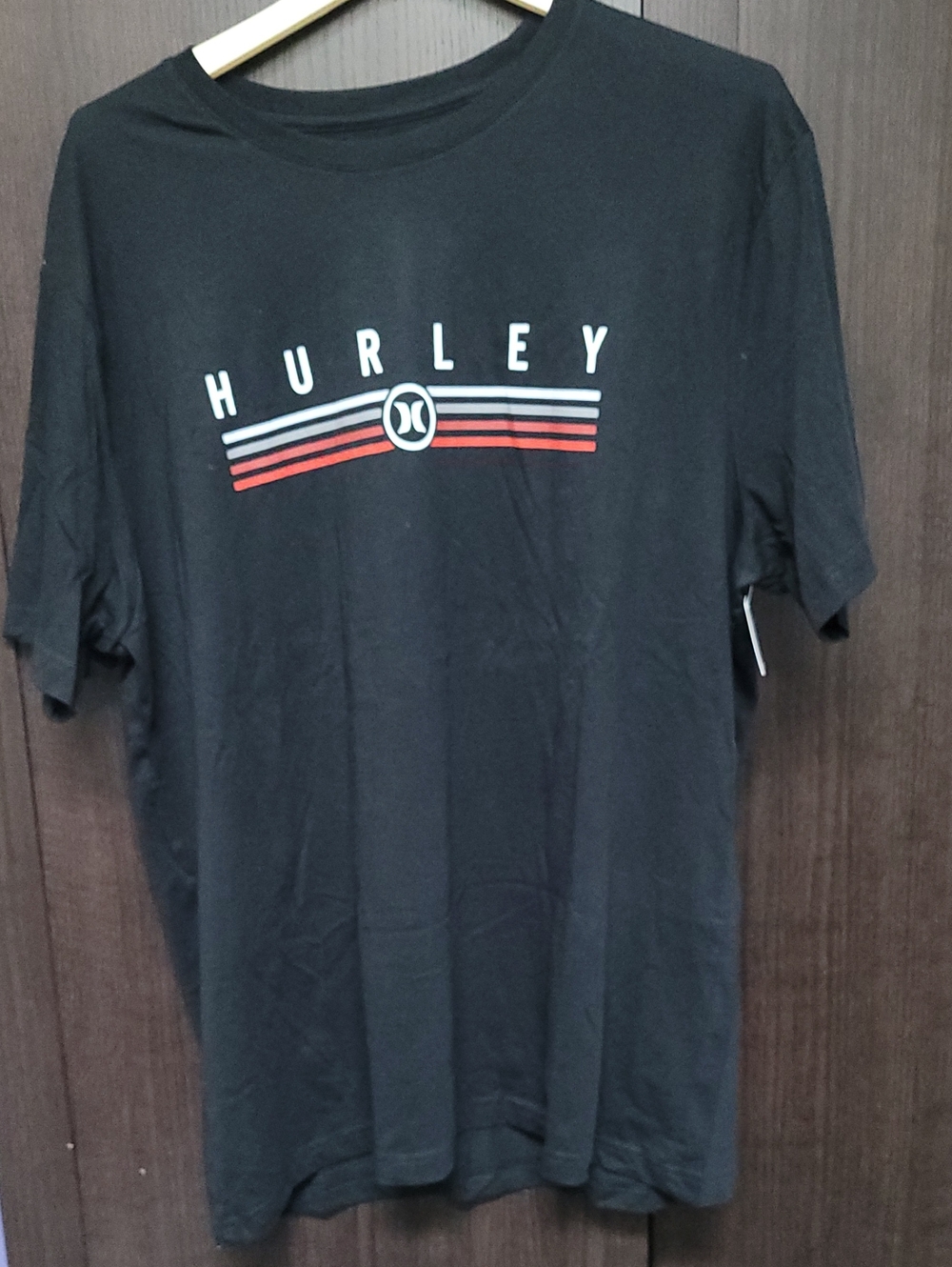 Hurley Black Short Sleeve Tee with White and Red Stripe Logo